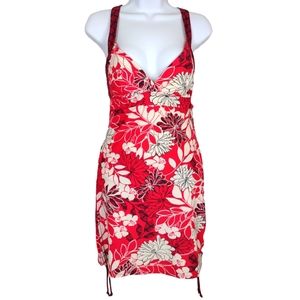 Athleta Swim Dress Tropical Red White Black Runched 36B One Piece